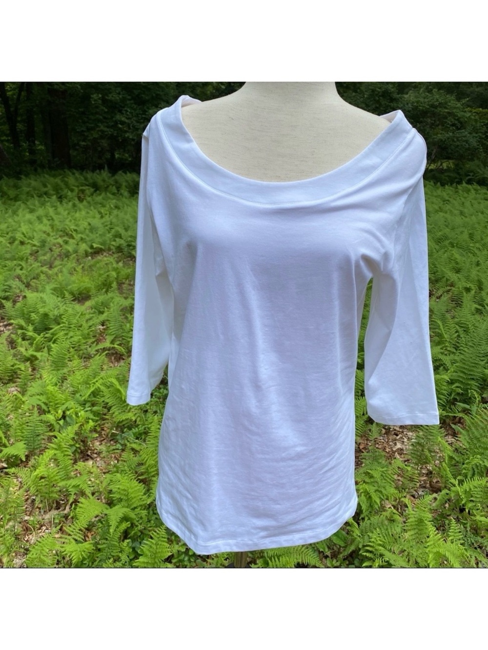 J. PETERMAN TOP TEE WHITE STRETCH BOAT NECK 3/4 SLEEVE Size L